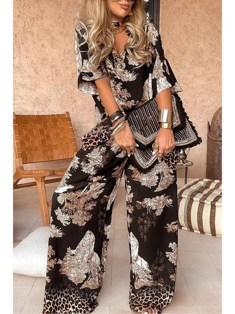 2025 Euro-American Casual V-neck Short-Sleeve Top & Wide-Leg Pants Set for Women