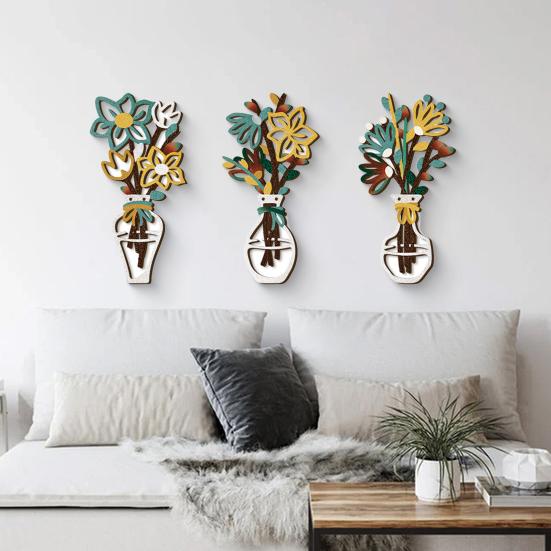 Hölzerne Blumenvase Wandkunst Rustikales Bauernhaus Holz Blumen Wanddeko Minimalistisch Boho Pflanzen Blumenstrauß Deko für Wohnzimmer Badezimmer Schlafzimmer