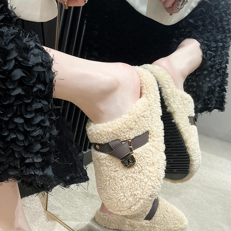 Niche Mao Mao Slippers Women's Wear 2025 New Autumn and Winter Internet Celebrity Versatile Lamb Wool Thick-bottomed Cotton Slippers