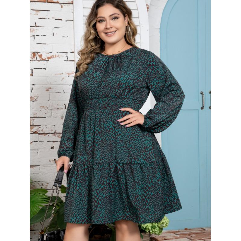 Spring and Autumn Women's Dress Plus Size Printed Long Sleeve Dresses