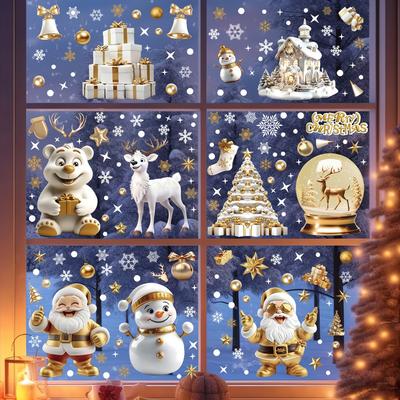 Conjunto de Adesivos de Janela de Natal Papai Noel Cabana Rena Boneco de Neve Floco de Neve Presentes Adesivos Estáticos Festivos Decoração de Loja Varanda de Shopping