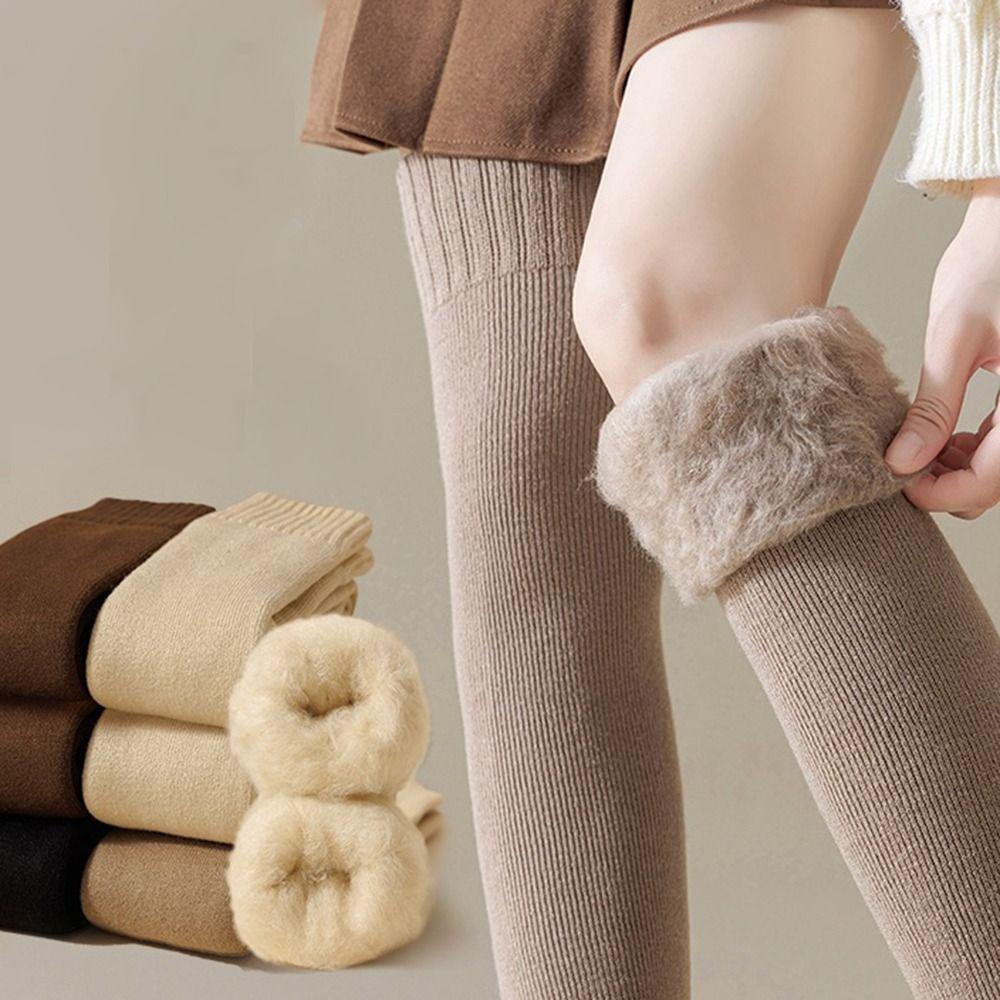 1 Pair Fleece-lined High Knee Socks Solid Color Over-Knee Socks  Warm Knees and Legs