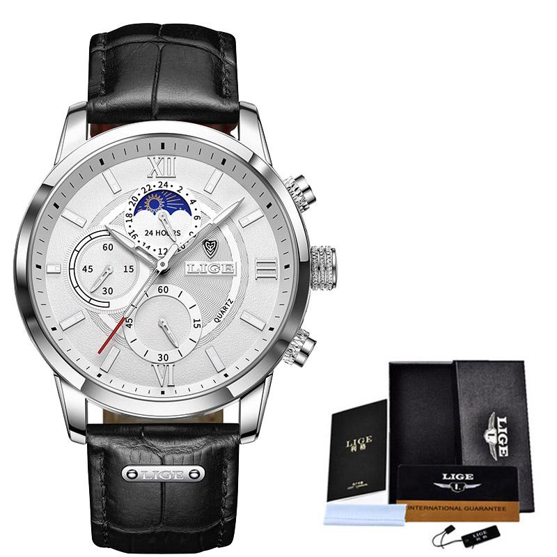 

LIGE Luxury Man Wristwatch Leather Waterproof Men Quartz Watch Fashion Luminous Stainless Steel Mens Watches Relogios Masculino серебро белый
