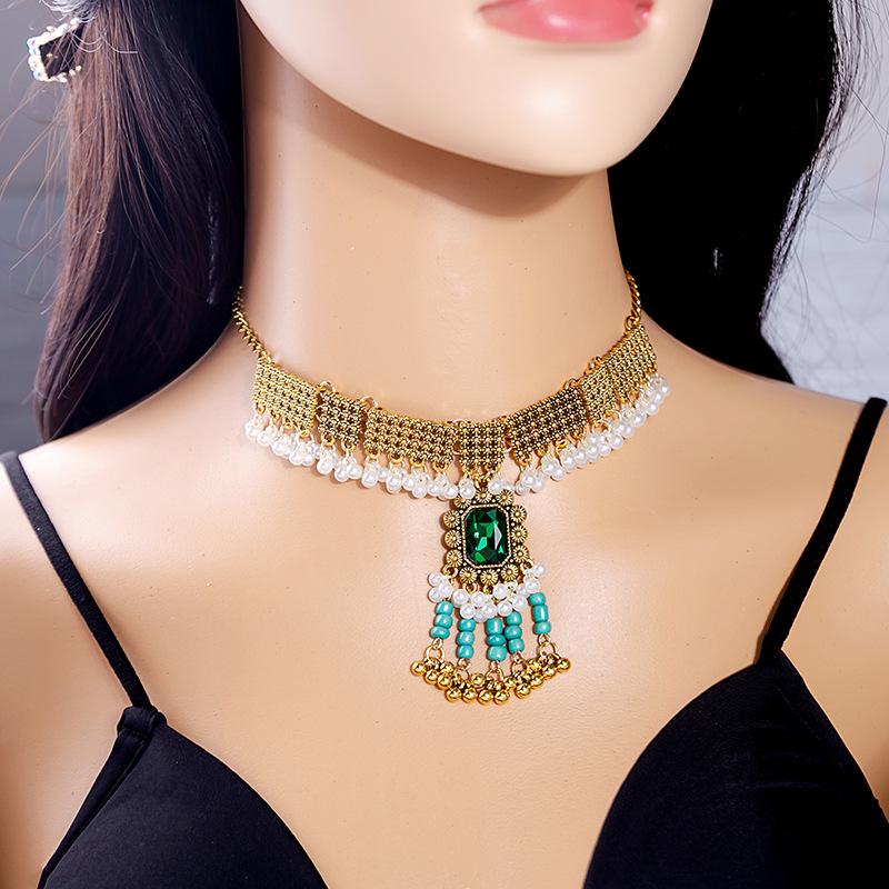 Bohemian Crystal Jewelry Set: Ethnic Tassel Necklace & Earring with Rhinestones