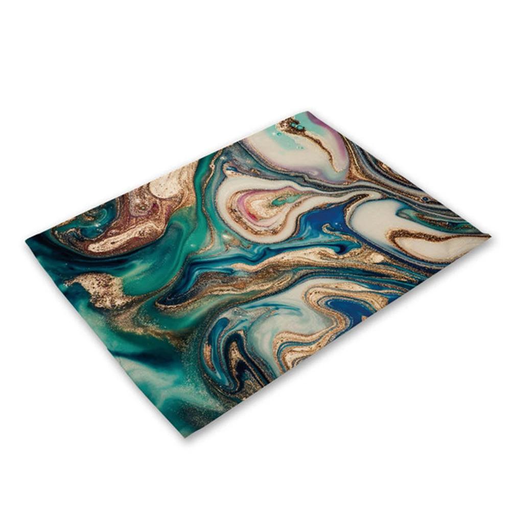 Green Rose Pink Marble Printing Linen Placemat for Dining Table Drink Coaster Home Decor Dining Mat Modern Kitchen Cup Pads