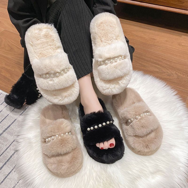 Mao Mao slippers women's outer wear 2025 new Korean version ins trendy shoes autumn and winter pearl thick-soled cotton slippers spring and summer