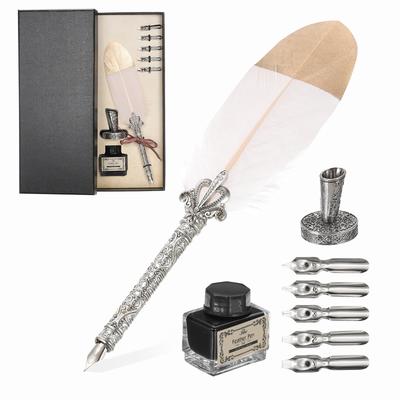 PATIKIL Feather Pen 1 Set Vintage Feather Calligraphy Pen Fountain Dip Pen Set with Ink and Pen Holder for Beginner Includes Interchangeable Pink Set,
