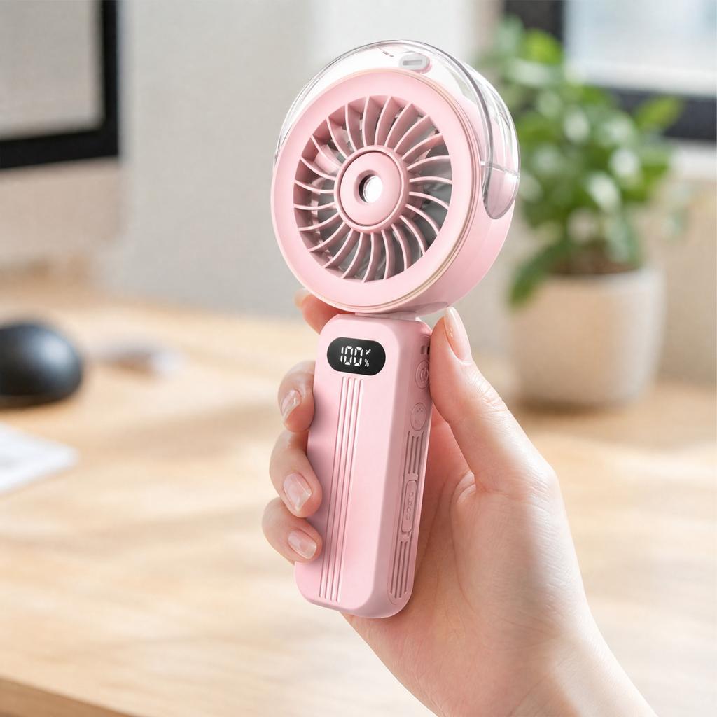 Portable Handheld Fan with Spray Foldable Rechargeable Brushless Motor High Capacity Battery Strong Airflow for Outdoor Travel