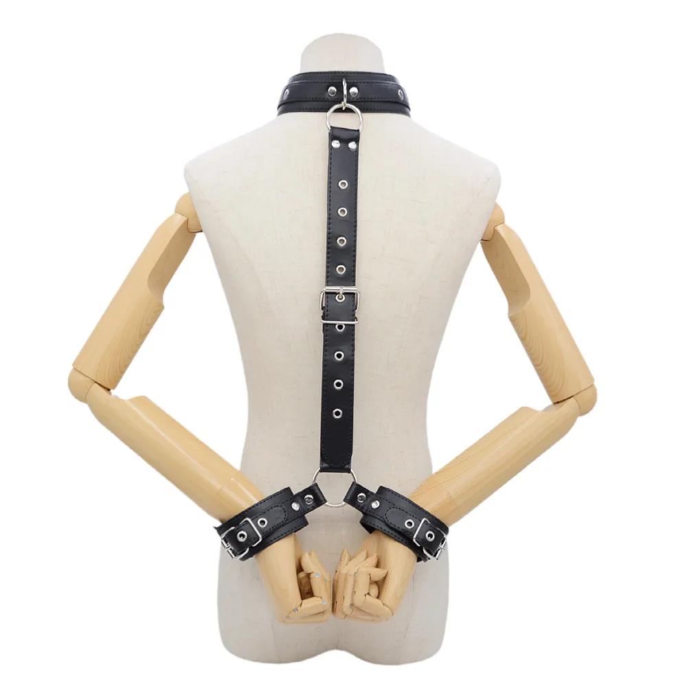 PU Leather Behind Back Hand Cuff SM Collar  Bondage Restraints Slave Training Hand Binding SM Toys For Couple Games
