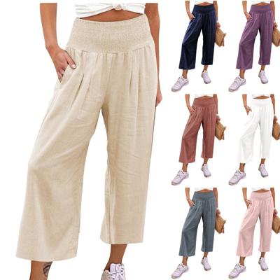 Damen 9-Hosen Lässige, lockere, hohe Taille, Baumwoll-Leinen, lange Hosen mit weitem Bein und Taschen