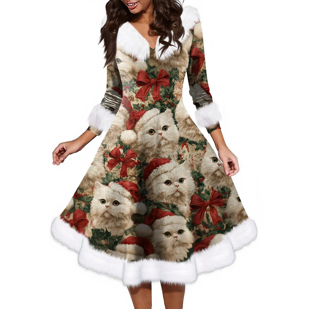 Women's Fashion V-neck Casual Fit Christmas Print Party Long Sleeve Dress