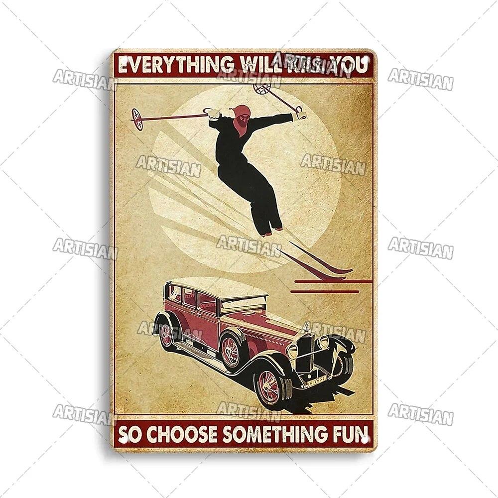Artisian Skiing Metal Poster Snowboarding Tin Sign Sledding Sport Decorative Plaque Wall Decor Garage Bar Pub Club Hotel Cafe