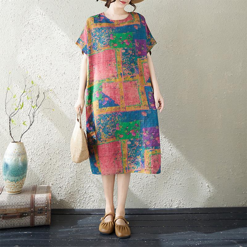 Summer Cotton Linen Printed Short-Sleeve Mid-Length Dress for Women Plus Size One-Size