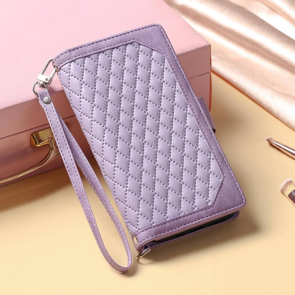Quilted Zipper Wallet Case for iPhone 17 Pro & Samsung S25 Ultra - Flip Leather Card Holder Cover with Wrist Strap