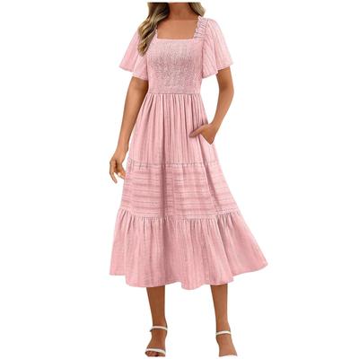 Damen Modisches Einfarbiges Lockeres Kleid mit Quadratischem Ausschnitt und Kurzen Ärmeln