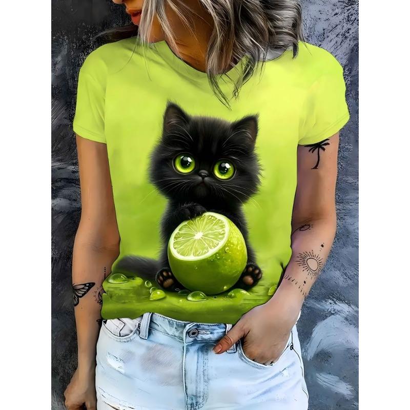 Women's round-neck T-shirt with a cat pattern print