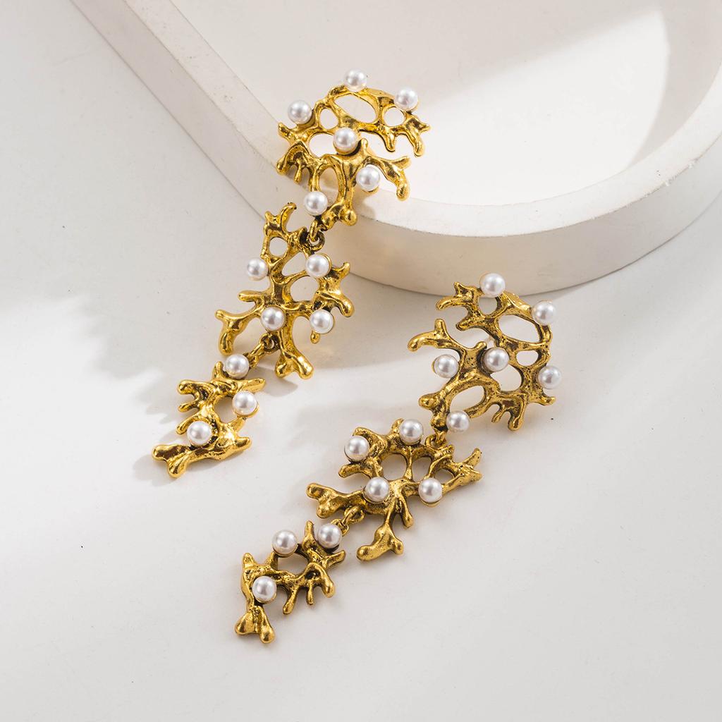 Turquoise Long Earrings Bohemian Ethnic Style Studs Vintage Pearl Inlaid Tassel Earrings for Women