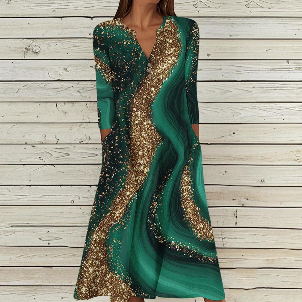 Women's Summer Casual V-Neck Button Vintage Floral Print Three-quarter Sleeve Long Dress With Pockets