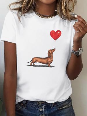 Dackel und Herz-Ballon-Print Bequemes Damen-T-Shirt Niedliche T-Shirts Feminine Freizeitkleidung y2k Oberteil Damenkleidung