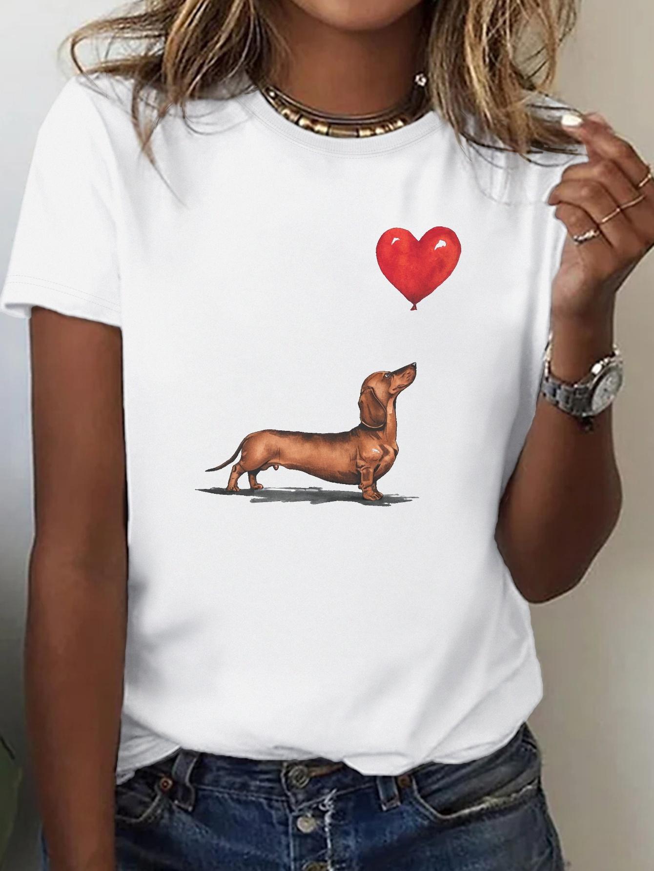 

Такса та принт повітряної кулі у формі серця Зручна жіноча футболка Милі футболки Жіночий повсякденний одяг y2k топ жіночий одяг 3XL