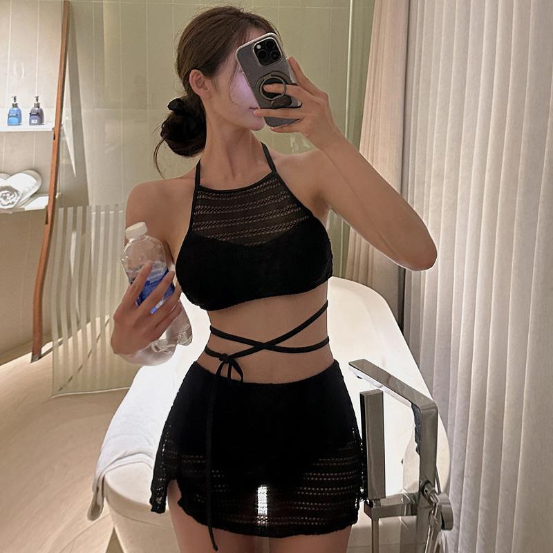 New high-end sense pure desire sexy hollow mesh perspective split skirt sexy hot girls vacation swimsuit women M чёрный