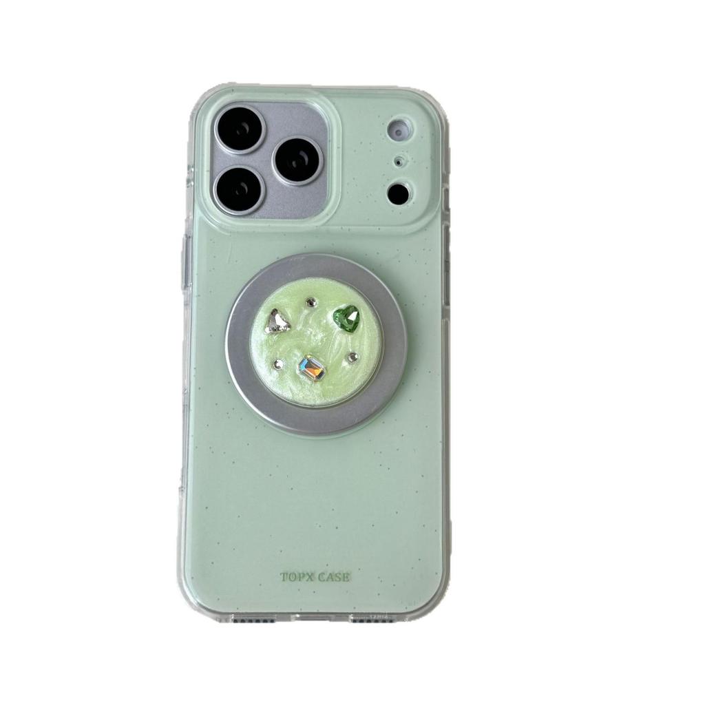 Minimalist Green Ink Splash Case with Gemstone Holder for iPhone 17 Pro Max/16/15/14