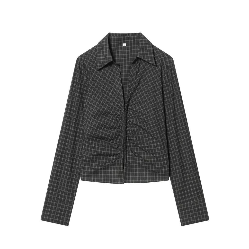 European and American style, new women's clothing, foreign style pleated slim-fitting plaid top 27081337