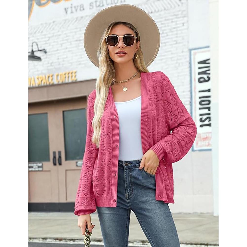 Dámský lehký háčkovaný zkrácený kardigan 2025 s výstřihem do V, dlouhým rukávem a bolerkem na knoflíky