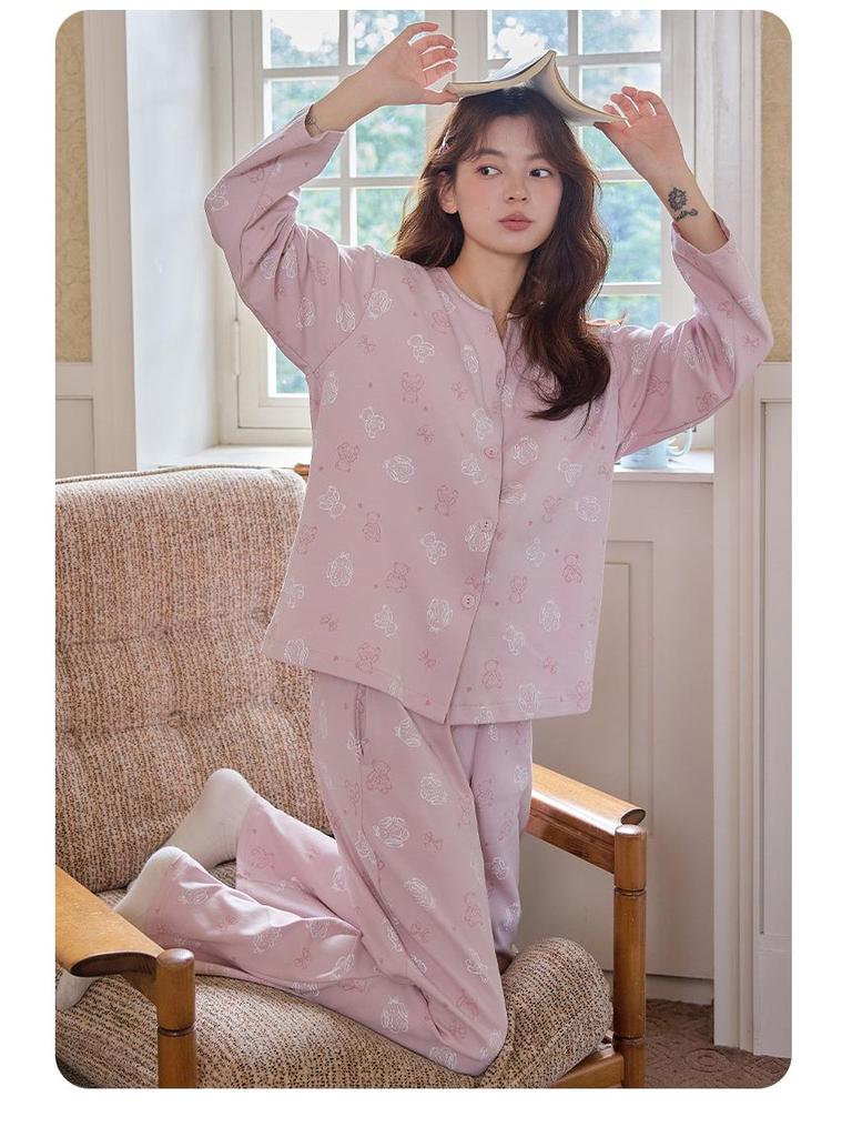 Korean Style Women's Pure Cotton Cartoon Pajama Set with Breast Pads - New 2025 Spring/Autumn Long Sleeve Homewear