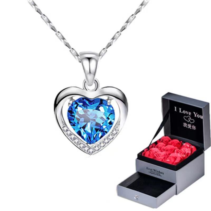Sea Blue Heart Necklace for Women Korean Style Light Luxury Niche Heart Shaped White Copper Pendant Simple Temperament Collarbone Chain