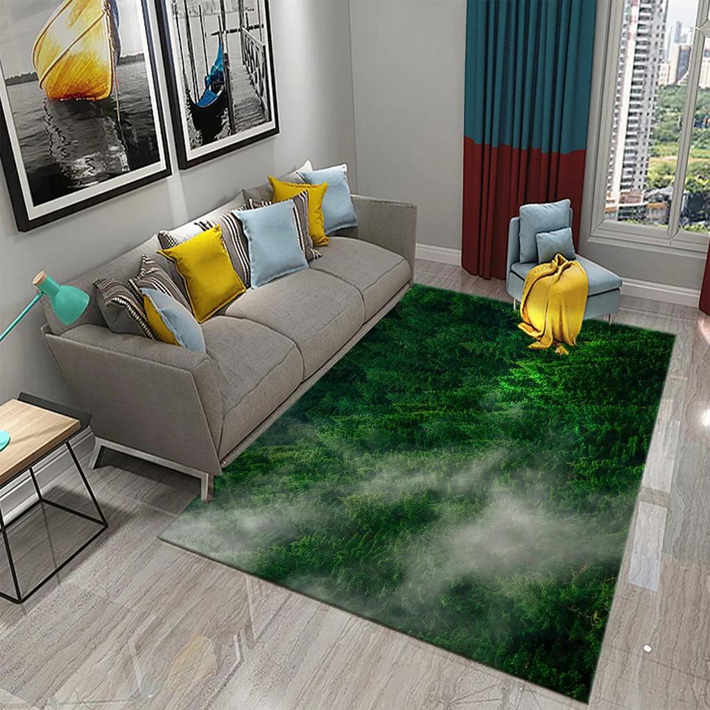 Smoky Forest Carpet Green Trees Mountain Rug Natural Scenery Rectangle Area Rugs Yoga Mats Bedroom Living Room Decor Door Mat