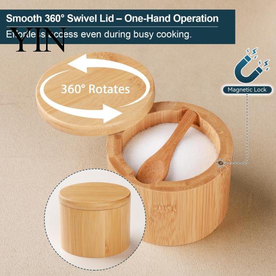 Seasoning Container with Spoon Wood Salt Swivel Magnetic Lid, Built-in Small Cellar for Countertop Jar, Moisture Proof Spice Kitchen Solid Box