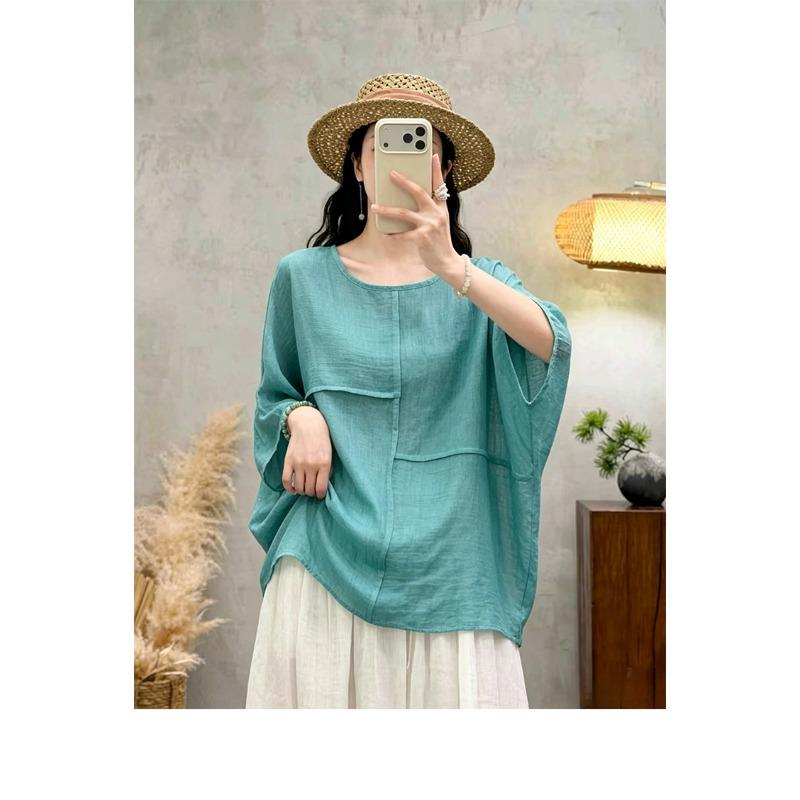 DIMANAF 2026 Estate Nuova Camicia Blusa Taglie Forti Donna Cotone Lino Vintage Ampia Maniche a Pipistrello Casual Top da Donna T-shirt