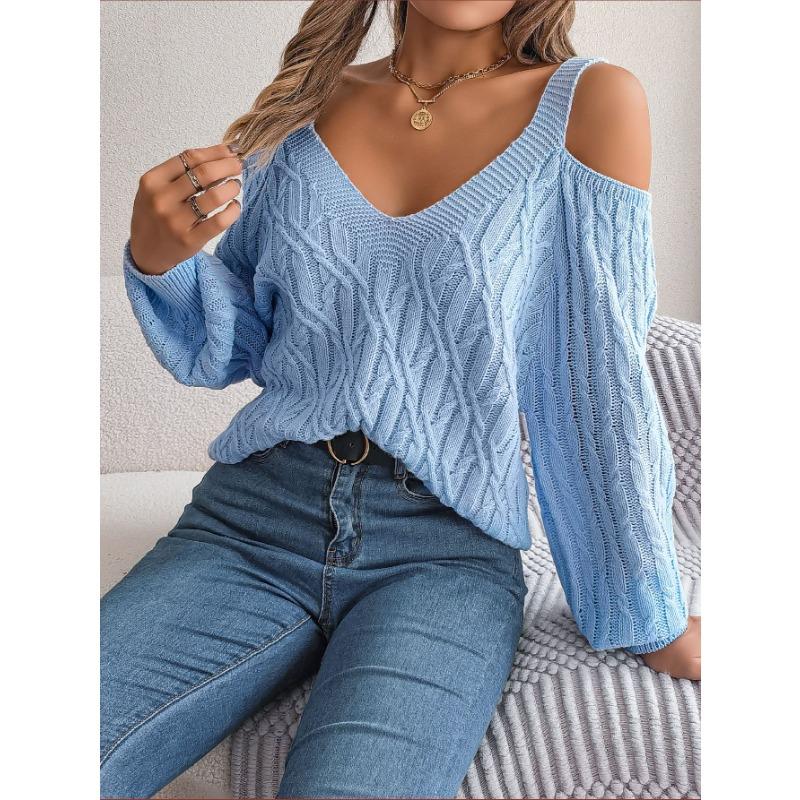 Lässiger, einfarbiger, gedrehter Pullover mit schulterfreien Laternenärmeln für Damen im Herbst und Winter
