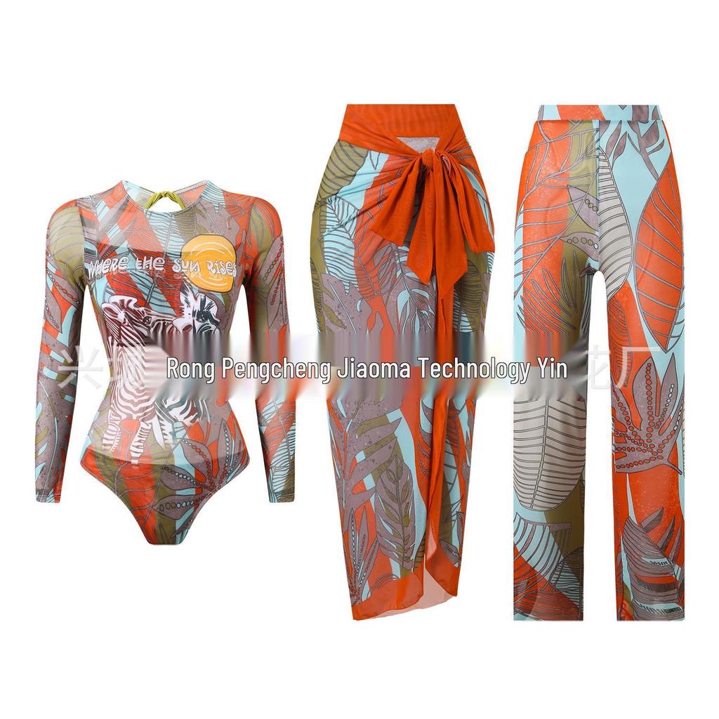 Women's Three-Piece Set: One-Piece Long-Sleeved Sun Protection Swimsuit with Mesh Long Pants