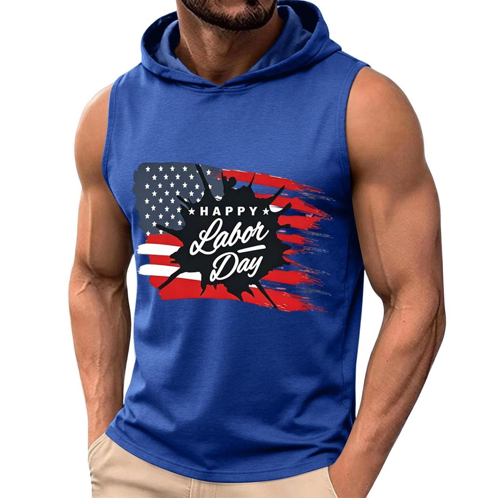 Ärmelloser Herren Hoodie Lässiger Leichter Pullover Kapuzen Tanktop mit Arbeitsfeiertags-Grafikdruck für Sommerliche Outdoor-Aktivitäten