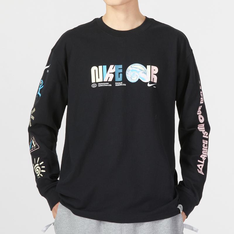 Nike Logo Print Crew Neck Long Sleeve Sport T-Shirt Men Tops Black DZ2860-010