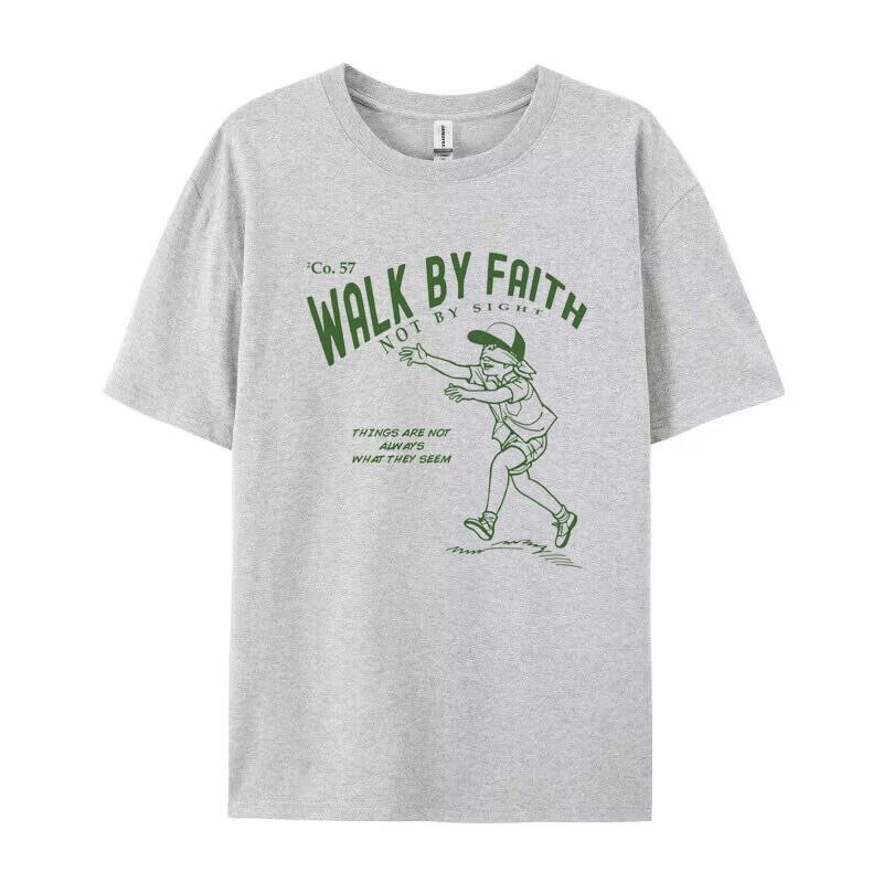 Walk by Faith Bible Verse Streetwear Graphic Tees Loose Vintage Religious TShirt Jesus Faith Shirt Women Unisex Christian Apparel