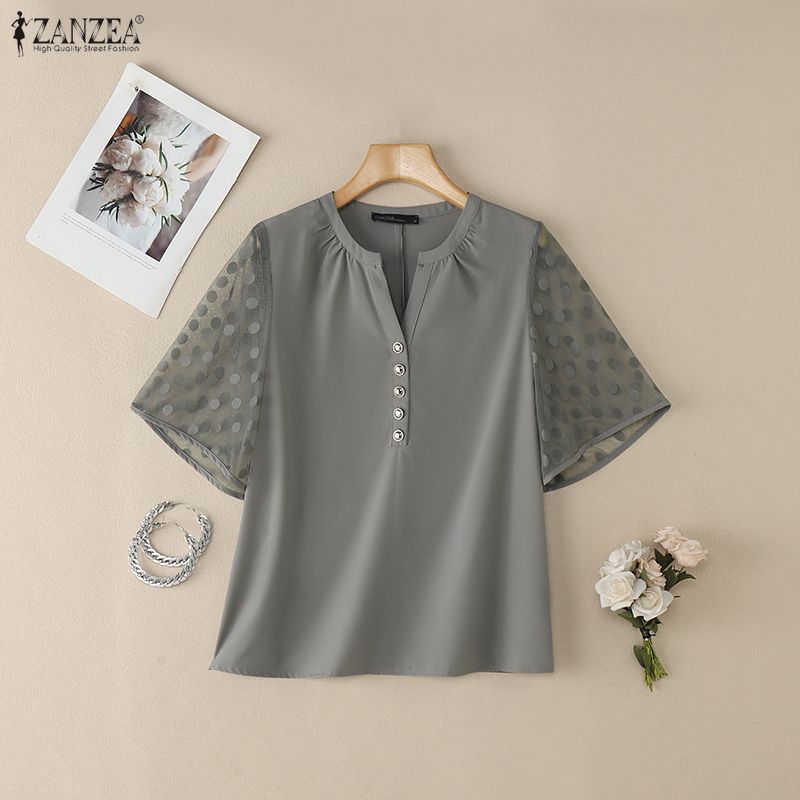 ZANZEA Women Casual V-Neck Mesh Splice Half Sleeve Blouse