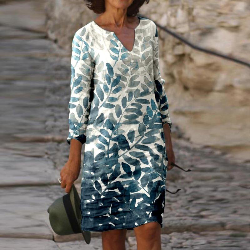 Women's Spring and Summer Fashion Painting Printed Nine Sleeve Multi Color Medium Length Dress