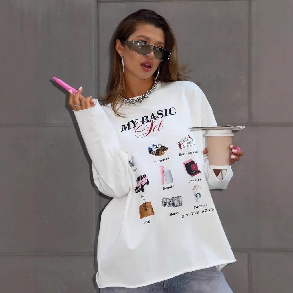 Autumn Cotton Long-Sleeve Tee: European & American Style, Fun Print, Age-Reducing, Trendy & All-Match