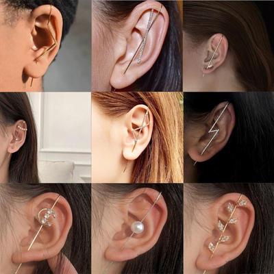 Trendy Zirkon Ohrhaken Piercing mit Ohrmuschelclip und diagonalem Ohrknochen-Design für Damen