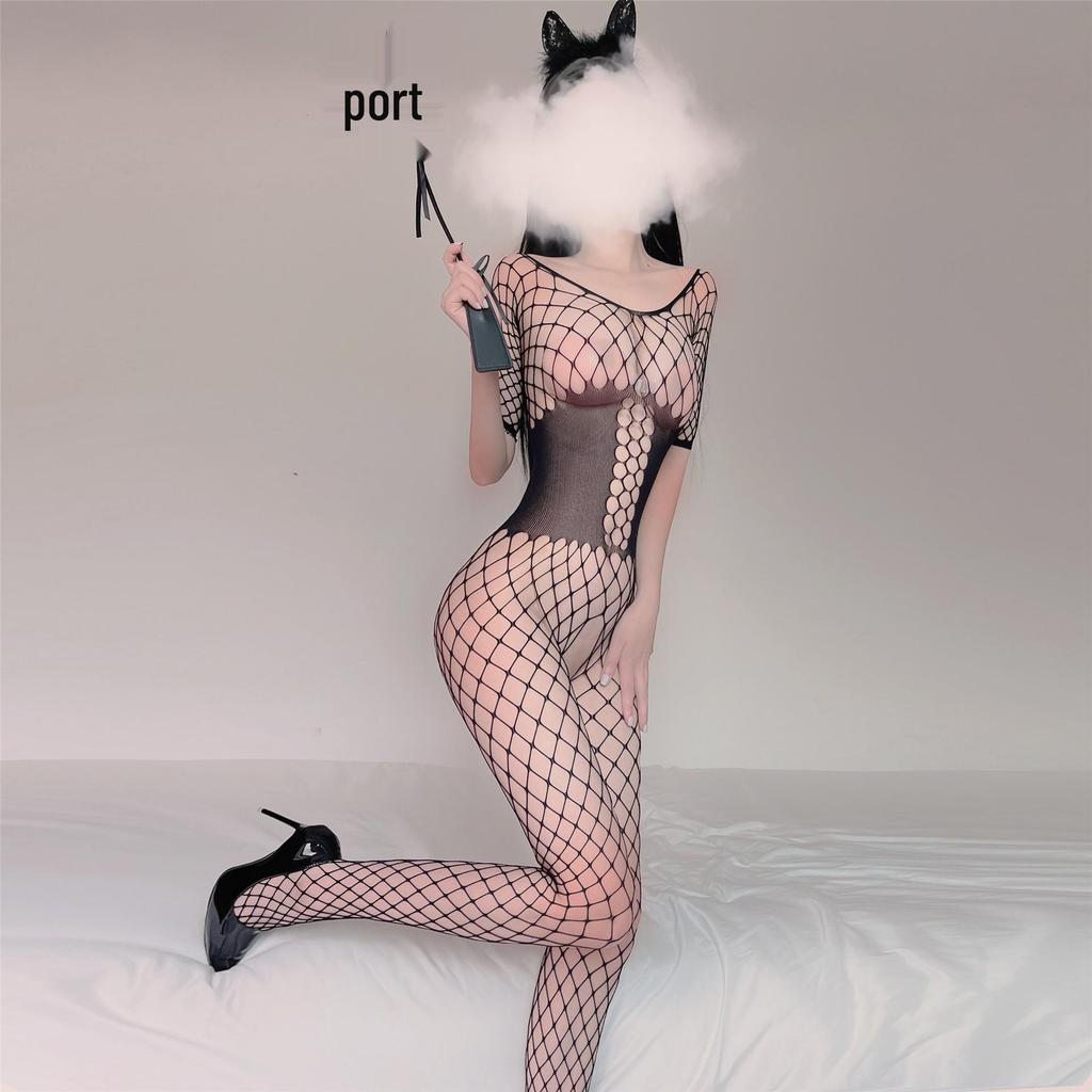Quick-Release Open Crotch Fishnet Lingerie Set with Jacquard Stockings