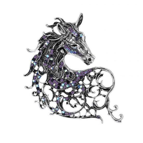 Brooch Alloy Horse Head Design Pin with Sparkling Rhinestones Retro Style