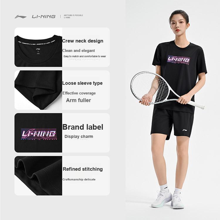 Li Ning Badminton Series Creatief Logo Klassiek Ademend Vitaliteit Mode Casual Dagelijks Sport T-shirt met Korte Mouwen Unisex Tops Zwart ATSV627-1