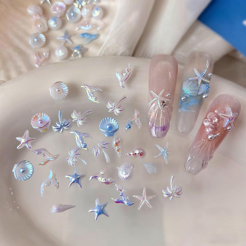 50Pcs Ocean Nail Art Charms Aurora Shell Starfish Mermaid Tail Nail Art Decors Gem Beach  Ice Clear Nail Decorations