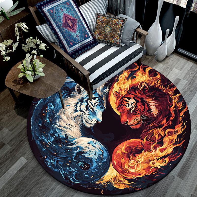 Yin Yang Tiger Round Area Rug,Carpet Rug for Living Room Bedroom Sofa Playroom Decor,Non-slip Floor Mat