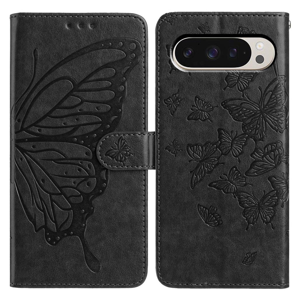 Wallet Ständer Hülle für Google Pixel 9/9 Pro/10 Pro PU-Leder Flip Handyhülle mit Schmetterlingsaufdruck und Trageband