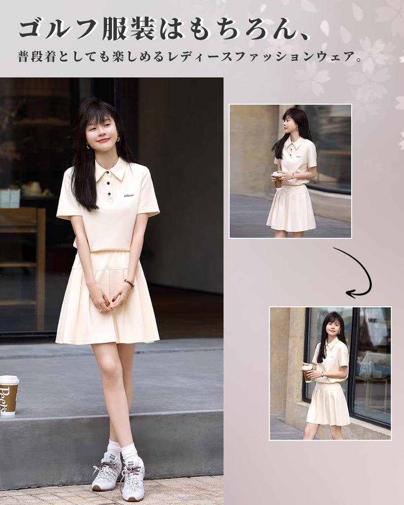 Golf Wear Short Sleeve Polo Pleated Tennis and Culottes Set for Spring and Solid and MOHO&MO Women's Set Shirt, Skirt, Wear, Sportswear, T-Shirt,