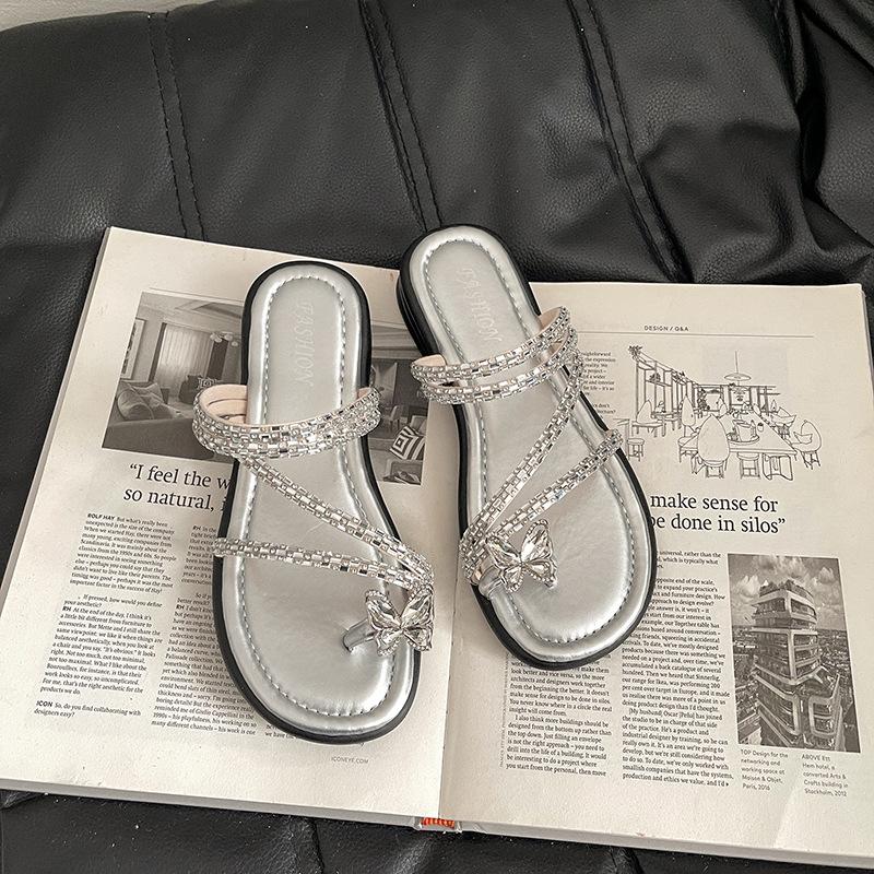 Versatile Temperament Slippers Women's Summer 2025 New Fashion High-end Butterfly Sandals Rhinestone Open-toe Drag